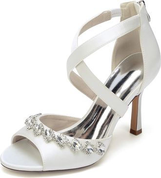 Generic Womens Rhinestone Satin Bridal Stiletto Sandals Dress Wedding Heel Formal Evening Shoes 9.5Cm,Ivory,10 UK