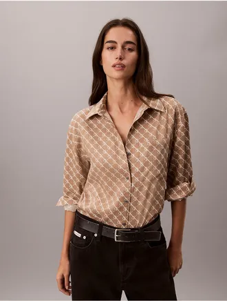 Calvin Klein Womens Lyocell Roll Tab Button-Down Shirt - Brown - XS