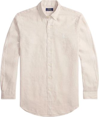 Xacus Custom Fit Gestreepte Linnen Overhemd - Heren - Casual Overhemden - Beige - 5XL - Linnen - Overhemden