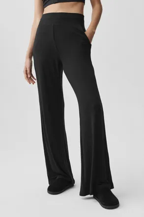 Alo | Semi-Sheer Delicate Lounge Flare Pants (Long) in Black, Size: Medium