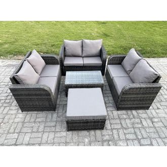 Fimous Outdoor Garden Furniture Sets 7 Seater Wicker Rattan Furniture Sofa Sets with Rectangular Coffee Table Love Sofa Big Footstool Dark Grey Mixed