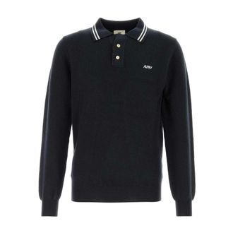 Autry Polo Shirts, male, Black, Size: M Knitted Polo Shirt with Striped Collar