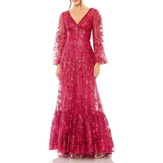 Mac Duggal V Neck Puff Sleeve A Line Embroidered Gown in Cranberry at Nordstrom, Size 12