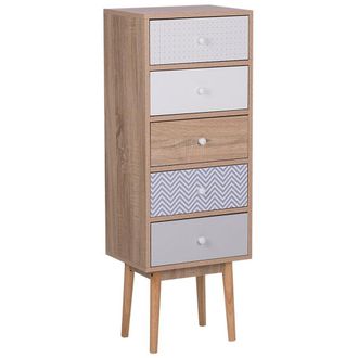 Beliani C&oacute;moda De Madera Clara Con Dise&ntilde;o Escandinavo De 5 Cajones Madera Fabricada Blanco Y Gris Foley