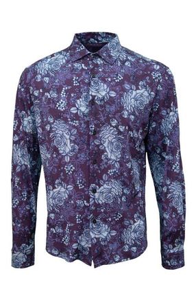 Lords of Harlech Sherlock Tailored Merino Wool Shirt in Roma Floral Plum at Nordstrom, Size X-Large