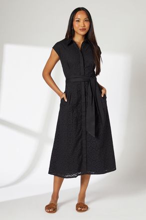 Principles Womens Black Broderie Tie Waist Midi Shirt Dress Cotton - Size 10 UK