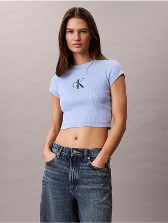 Calvin Klein Jeans Calvin Klein Womens Monologo Rib Acid Wash Baby Tee - Blue - XL