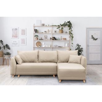 Norrwood home24 Norrwood Ecksofa Jardins Beige Strukturstoff 259x86x181 cm mit Schlaffunktion und Bettkasten