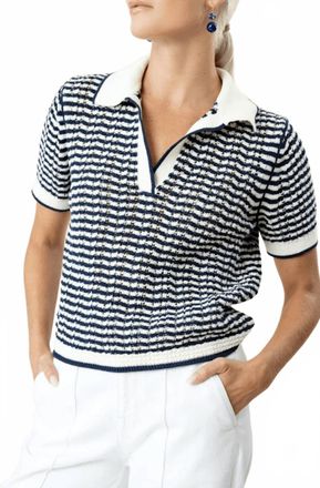 SIMKHAI Kenzie Short Sleeve Polo Tee In Midnight Stripe