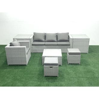 Fimous Garden Outdoor Furniture Set 6 Seater Rattan Sofa Set with Big Footstool Armchair 2 Side Tables Light Grey Mixed - Fimous