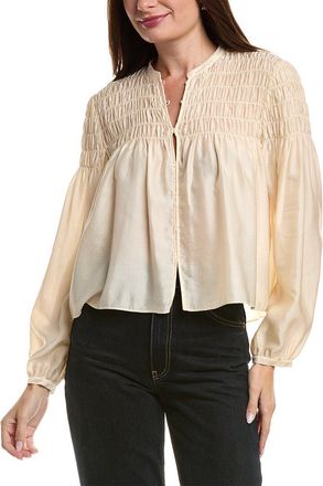 Frame Denim FRAME Smocked Collarless Silk-Blend Blouse