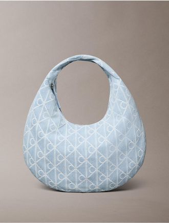 Calvin Klein Womens Allover Emblem Logo Denim Hobo Bag - Blue