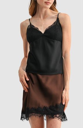 Lush Lace Trim V-Neck Satin Camisole in Black at Nordstrom Rack, Size X-Small