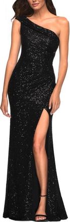 La Femme One Shoulder Gown in Elegant Soft Sequin Fabric in Black at Nordstrom, Size 10
