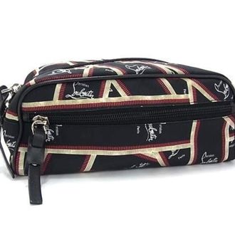 Christian Louboutin Black Red Color White Nylon Clutch Bag Pouch (Pre-Owned)