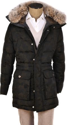 Eleventy Camo Nylon-Wool Coat W/ Removable Coyote Fur Trim Hood