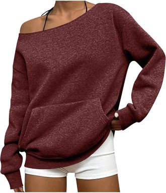 Generic Womens Sweatshirt Casual One Shoulder Neck Sweatshirts for Women UK Plain Loose Pullover with Hoodie Pocket Ladies Long Sleeve Tops Y2K Clothes Stylis