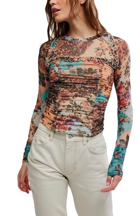 Free People Ariana Printed Ruffle Shirred Mesh Shirt in Taupe Combo at Nordstrom, Size X-Large