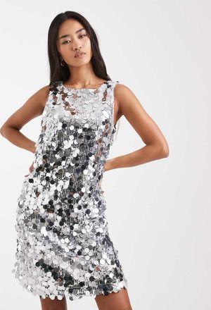 Pieces Vestito corto senza maniche argento con paillettes a disco