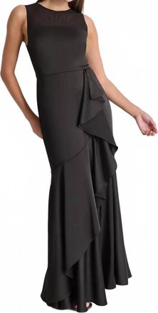 DKNY Womens Mesh-Yoke Cascading-Ruffle Evening Gown In Black