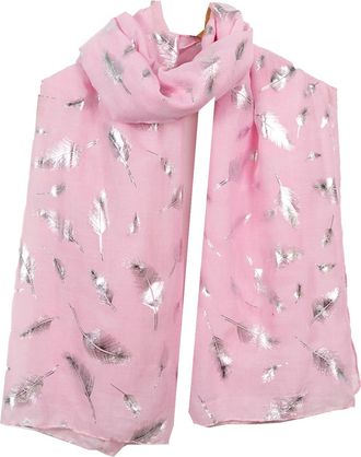 World of Shawls New Ladies Womens Glitter Foil Sparkle Print Scarf Scarves (Feather Baby Pink)