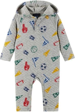 Andy & Evan Sport Print Quilted Hooded Romper in Beige Varsity at Nordstrom, Size 18-24M