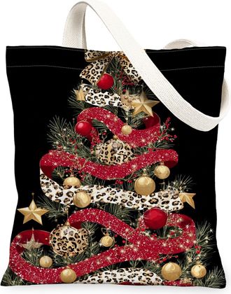 Generic Christmas Tree Canvas Tote Bags, Stylish Holiday Design Reusable Shopping Bags, Elegant Vintage Lightweight Washable Should, Black, 13x15 Inch
