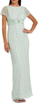 Mac Duggal Beaded Blouson Short Sleeve Column Gown in Sage at Nordstrom, Size 18
