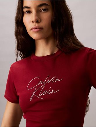 Calvin Klein Jeans Calvin Klein Womens Slim Rhinestone Logo Tee - Red - XL