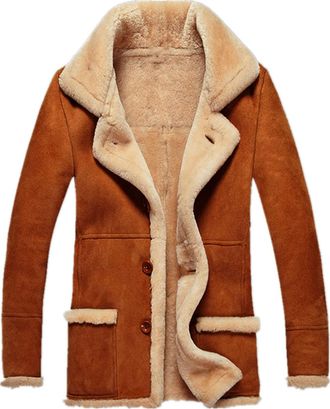 Generic CRITOR Mens Suede Sheepskin Jacket Faux Fur Fleece Lining Shearling Thicken Winter Warm Coat Outwear