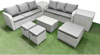 Fimous Outdoor Garden Furniture Sets 9 Seater Wicker Rattan Furniture Sofa Sets with Rectangular Coffee Table high Back Lounge Sofa 3 Stools 2 Side Table