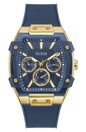 Guess Phoenix Tonneau Multifunction Silicone Strap Watch, 44mm x 51mm in Blue at Nordstrom