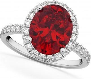Allurez Oval Cut Halo Ruby & Diamond Engagement Ring 14K White Gold 3.66ct