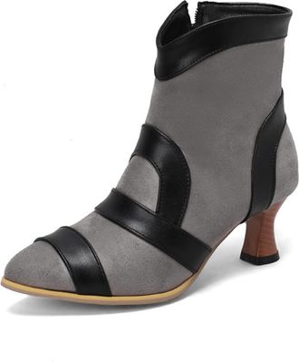 Generic Womens Mid Kitten Heel Short Boots Faux Suede Retro Dress Shoes with Zipper Round Toe Ankle Boots,Grey,5.5 UK