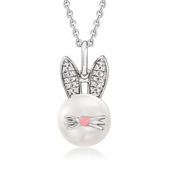 Ross-Simons 9-9.5mm Cultured Pearl Bunny Pendant Necklace With Diamonds in Sterling Silver