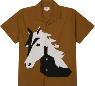 Obey Korte mouw Cubaanse shirt met aangebracht print - Heren - Korte mouwen Overhemden - Bruin - S - Katoen - Overhemden