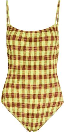 Damson Madder Lilibet Checked Smocked Swimsuit - Green - 16 (UK16 / XL)