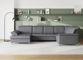 Domo Collection Wohnlandschaft »Franzi optional mit Bettfunktion, Bettkasten & Kopfteilverstellung« U-Form, Recamiere links, weiss-grau, B/T: 352/214 cm