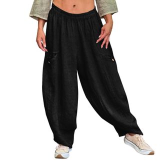 Generic Womens Cotton & Linen Solid Color Baggy Casual Pants Relaxed Fit Lantern Pants with Pockets Comfortable & Versatile Ideal for Everyday Wear Lightweigh