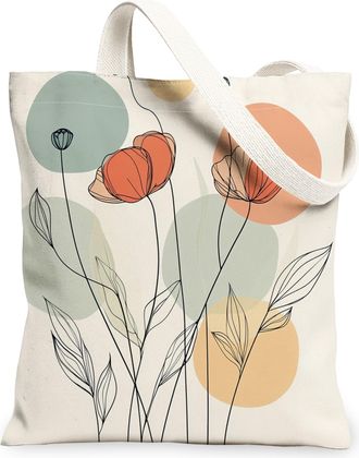 Generic Spring Aesthetic Poppy Canvas Tote Bag for Shopping 13x15, Fun Mid Century Floral Reusable Grocery Print Pattern Bag for Women, Abstract Flower Beach 
