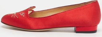 Charlotte Olympia Red Satin Cheeky Kitty Ballet Flats
