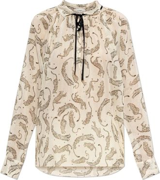 Forte_Forte Top met dierenprint - Dames - Blouses - Beige - XS - Katoen - Overhemden