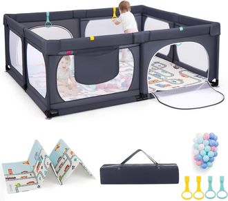 Costway Costway - Parque Infantil Bebe,189 X 158 Cm,centro De Actividades Para Beb&eacute;s De 0 A 3 A&ntilde;os Con 4 Anillas De Tiro Y 50 Bolas Pl&aacute;sticas, Puerta Y Malla,