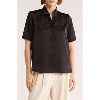 T Tahari Ruffle Split Neck Short Sleeve Top in Black at Nordstrom Rack, Size X-Large