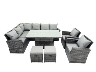 Fimous Poly Rattan Outdoor Patio Corner Sofa Set with 2 Small Stool, 2 Chairs in Dark Grey