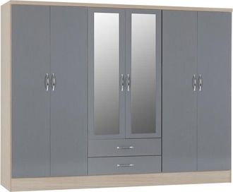 Seconique Seconique - Nevada 6 Door 2 Drawer Mirrored Wardrobe - L52 x W230 x H182.5 cm - Grey Gloss/Light Oak Effect Veneer