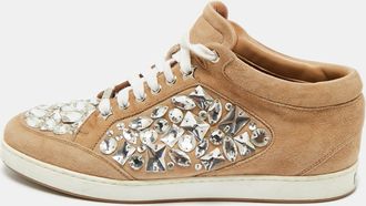 Jimmy Choo London Beige Suede Miami Crystal Embellished Low Top Sneakers