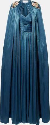 Costarellos Embellished pleated caped bustier gown