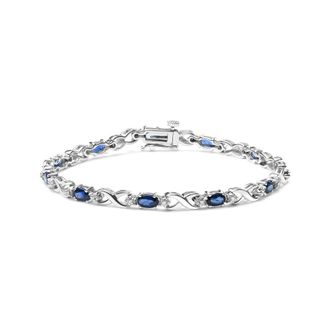 House of Brilliance 10K White Gold 5x4mm Oval Sapphire Gemstone and 1/10 Cttw Diamond Prong Set X Link Bracelet - Size 7 (H-I Color, SI1-SI2 Clarity)