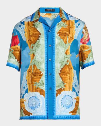 Versace Mens Architectural Baroque Silk Short-Sleeve Shirt